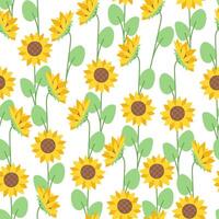 Seamless summer pattern with yellow sunflowers and green leaves on white background vector