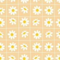 Seamless pattern with white daisies on beige plaid background vector