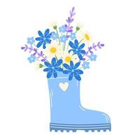 Spring bouquet of wildflowers and lavender in a blue, white, and purple rubber boot with a heart vector