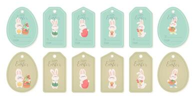 Easter tags with cute bunnies. Easter set of gift tags and price tags for spring holiday with rabbits, eggs, flowers. Illustration of templates for tag, label, and badge with cartoon characters. vector