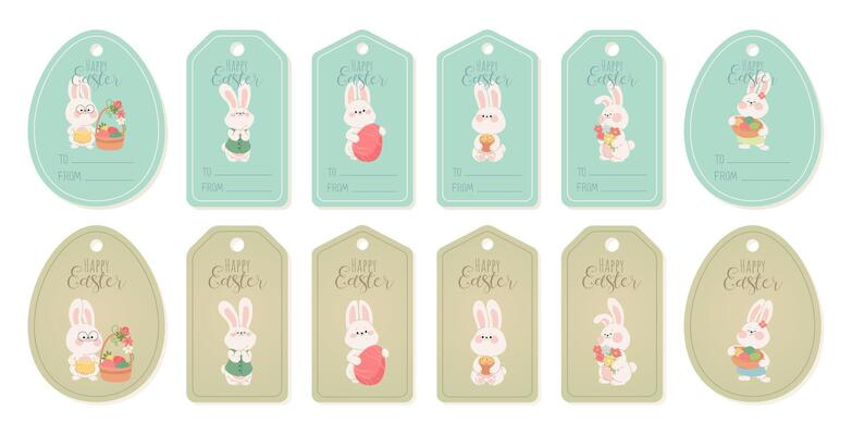 Easter tags with cute bunnies. Easter set of gift tags and price tags for spring holiday with rabbits, eggs, flowers. Illustration of templates for tag, label, and badge with cartoon characters.