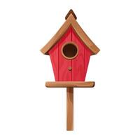 Bird house for spring, summer, or winter birds. Hand drawn red wooden birdhouse, nest, and feeder. Springtime illustration for banner, card, and web. Illustration isolated on white background. vector