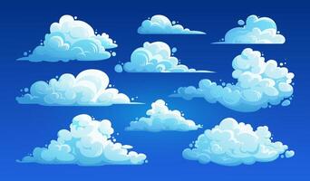 Cartoon cloud set. Fluffy cumulus clouds collection isolated on blue sky background. Flat illustration of cloudscape elements for banner design, flyers, covers, and websites. Cloudy day. vector