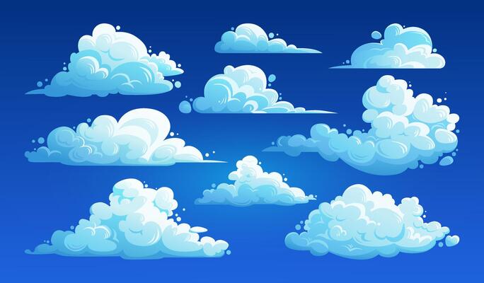 Cartoon cloud set. Fluffy cumulus clouds collection isolated on blue sky background. Flat illustration of cloudscape elements for banner design, flyers, covers, and websites. Cloudy day.