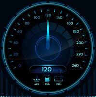 Futuristic glowing blue speedometer displaying 120 kilometers per hour, featuring coolant, fuel, and battery indicators, set against a dark background for a striking visual effect vector