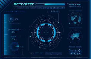 Futuristic head up display - HUD - interface with interactive world map, data analysis, extrapolation, and precision indicators, providing a glimpse into advanced technology and user interfaces vector