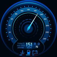 Futuristic speedometer showing 151 kilometers per hour on a car dashboard with date, time, coolant temperature, fuel level and battery charge indicator vector