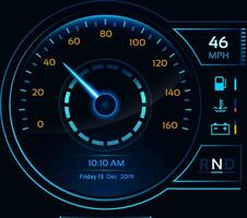 Futuristic speedometer displaying 46 miles per hour at 10,10 AM on Friday, December 13, 2019, featuring indicators for fuel, temperature, and battery levels in a sleek, modern design vector
