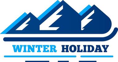 Stylized logo capturing the essence of winter holiday sledding beneath majestic snowy mountain peaks, featuring vibrant blue and white colors along with playful text elements vector