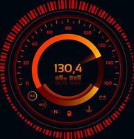 Futuristic circular speedometer with red and orange light effects showing speed, battery, fuel and temperature levels, with a dark background and red and black striped border vector