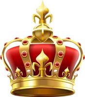 Realistic golden royal crown with red velvet, gemstones and pearls, symbolizing monarchy, power and authority, isolated on white background vector