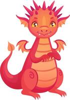 Cartoon red dragon smiling and sitting with folded paws, isolated on white background, ideal for children book illustrations, fantasy games, stickers and prints vector