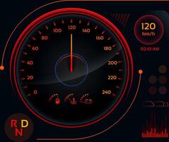 Futuristic car dashboard displaying speed, fuel level, temperature, battery status, and the current time, illuminated in vibrant orange and red hues against a dark background vector