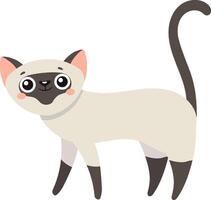 Adorable siamese cat standing on all fours with its tail raised, looking forward with big eyes and a calm expression, in a simple and colorful cartoon style vector
