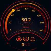Futuristic speedometer featuring illuminated orange and red markings, displaying 50.2 mph at 2,41 am, alongside fuel, temperature, and battery indicators, highlighting automotive performance vector