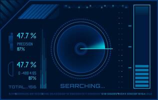 Futuristic head up display - HUD - interface featuring a circular radar scan, data analysis, and metrics on a dark background, highlighting advanced technology and precision vector