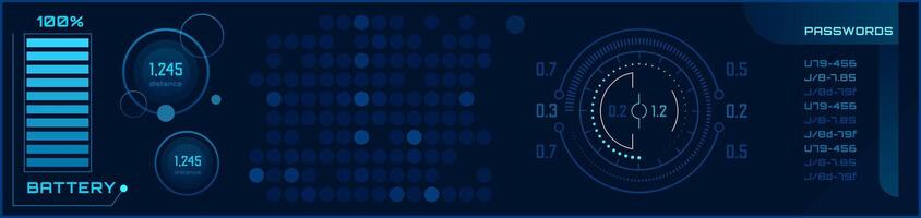 Futuristic head up display - HUD - interface with glowing blue graphics indicating battery level, statistics, and passwords, suggesting advanced technology and data monitoring vector