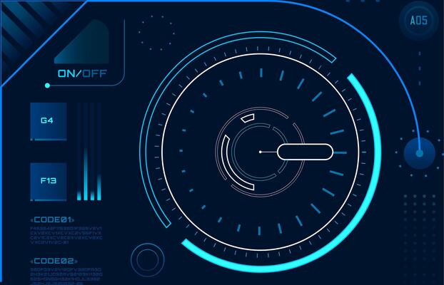 Futuristic head up display - HUD - interface showing a targeting system with code, data analysis, and various indicators, creating a technological and futuristic atmosphere