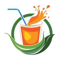 Refreshing Orange Juice Splash with Green Leaf Design vector