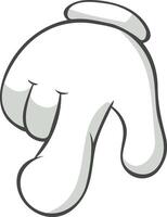 Cartoon hand featuring a white glove, pointing down with the index finger, creating a clicking or pressing gesture against a clean, white background, emphasizing direction and communication vector