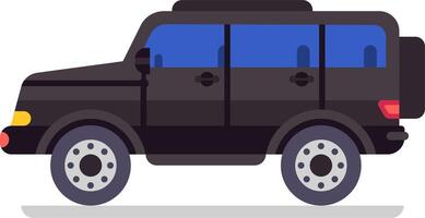 Large black, powerful four wheel drive SUV with tinted windows and a spare wheel mounted on the back, parked on a clean white background, showcasing a sleek side view vector