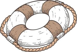 Hand drawn illustration of a lifebuoy with a rope, evoking themes of safety, rescue, and survival in a maritime setting, ideal for projects related to seafaring, emergencies, and assistance vector
