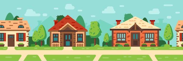 Rows of small suburban houses, adorned with trees and bushes, create a cozy neighborhood under a bright blue summer sky, embodying a peaceful and vibrant community atmosphere vector