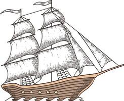 Hand drawn illustration of a two masted sailing ship, its sails billowing in the wind as it gracefully navigates the waves, capturing the essence of maritime exploration and adventure vector