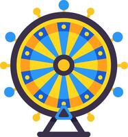 Vibrant and dynamic wheel of fortune is depicted, featuring alternating blue and yellow segments, symbolizing chance and the excitement of gambling and entertainment vector