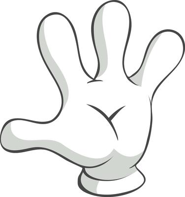 Cartoon hand wearing a white glove, making a gesture with three fingers raised, isolated against a clean white background, conveying a playful and humorous expression