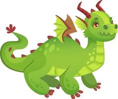 Cute green dragon walking and smiling, showing its friendly nature, ideal for children's books, fantasy stories, games, and any project that needs a touch of magic and wonder vector