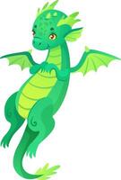 Green dragon soaring through the air, displaying its light green belly, vibrant wings, and tail tip, while playfully showing its paws against a clean white background vector