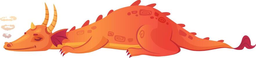 Cartoon orange dragon with vibrant red wings and prominent horns lying peacefully on the ground, sleeping while gently blowing smoke from its nostrils in a whimsical fantasy setting vector