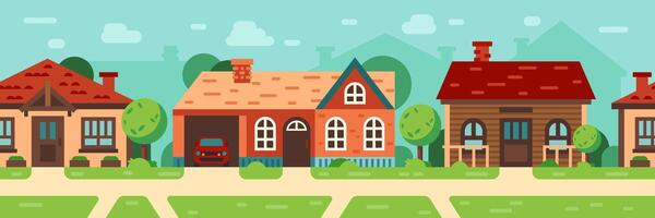 Cozy suburban street with detached houses and green trees showing a quiet residential area with parked car under blue sky with some clouds, ideal for real estate and lifestyle concepts vector