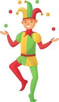 Cheerful jester juggling colorful balls, wearing a traditional costume with a hat and bells, smiling and entertaining audience with his performance vector