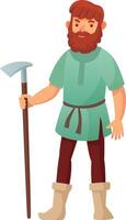 Cartoon illustration of a medieval farmer holding a pickaxe representing work in the middle ages, agriculture, and traditional farming methods vector