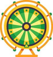 Wheel of fortune standing on a tripod is ready to be spun, offering a chance to win prizes based on where the pointer lands, adding excitement and anticipation to games, contests, or events vector