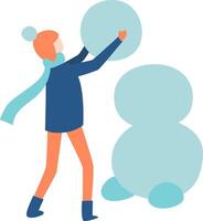 Girl dressed in cozy winter clothes and gloves, joyfully building a snowman by carefully placing the second sphere of snow atop the larger one, creating a festive winter scene vector