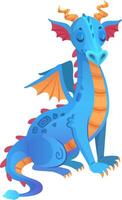 Cute blue dragon with vibrant orange horns, wings, and tail tip sitting peacefully with closed eyes, creating a whimsical and enchanting illustration on a clean white background vector