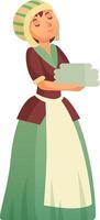 Hotel maid carrying freshly folded towels and sheets, dressed in a crisp uniform and hat, delivering exceptional housekeeping service with attention to hygiene and guest satisfaction vector