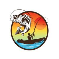 An angler with a boat, catching a big fish, template design illustration vector