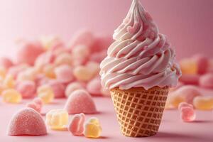 Delicious Ice Cream Cone Topped with Colorful Gummy Candy Perfect for Summer Treats photo