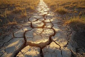 A dry, cracked dirt road in the middle of a field photo