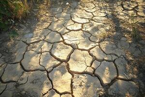 A dry dirt road with cracks in it photo