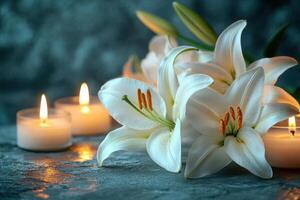 White lilies and candles on a dark background photo