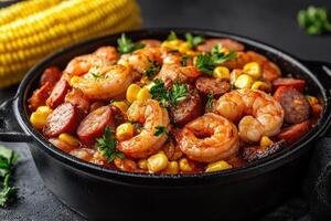 Traditional Seafood Boil Featuring Shrimp and Corn for Culinary Enthusiasts photo