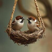 Sparrows in a Hanging Nest photo