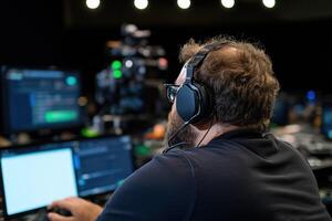 Rear view of a man wearing headphones while working in a dark studio in front of screens photo