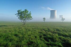 cooling towers of the nuclear power plant are visible in the distance in the morning fog photo