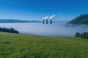 Nuclear power plant in the fog, view from the mountain photo